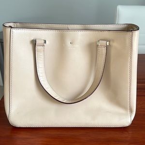 Kate Spade Cow Leather Cream Colored Tote Bag with Shoulder Strap Gold Logo